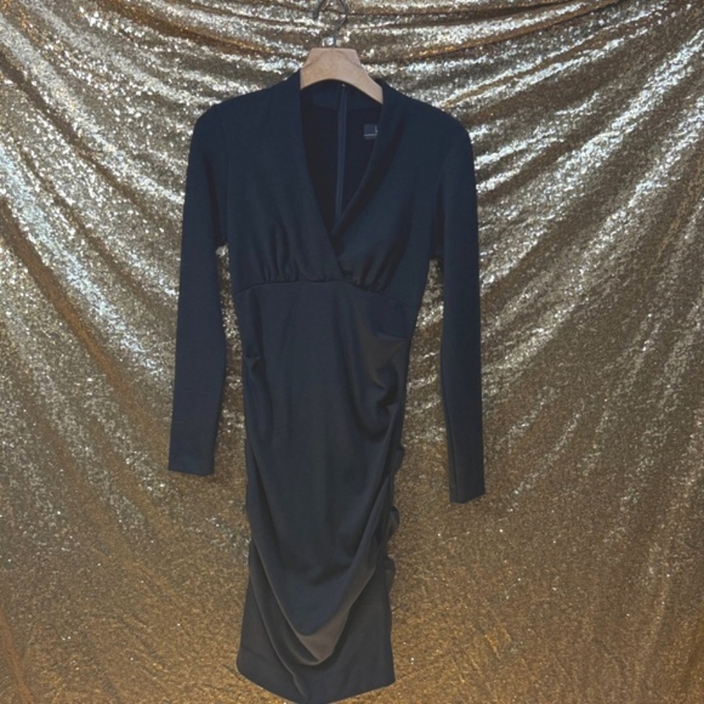 Nicole Miller Vintage Black Long Sleeve Ponte Stretch Ruched Dress (US Small)